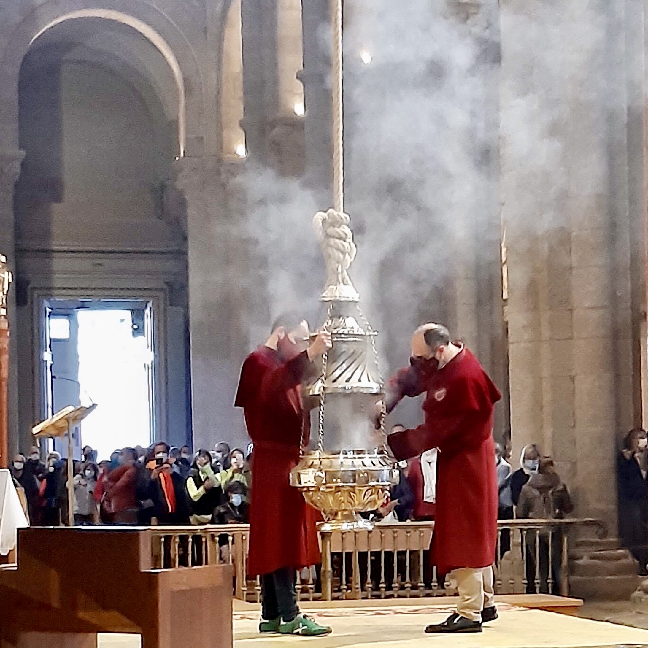 Preparing the botafumeiro at the pilgrim's mass in the cathedral at Santiago de Compostela