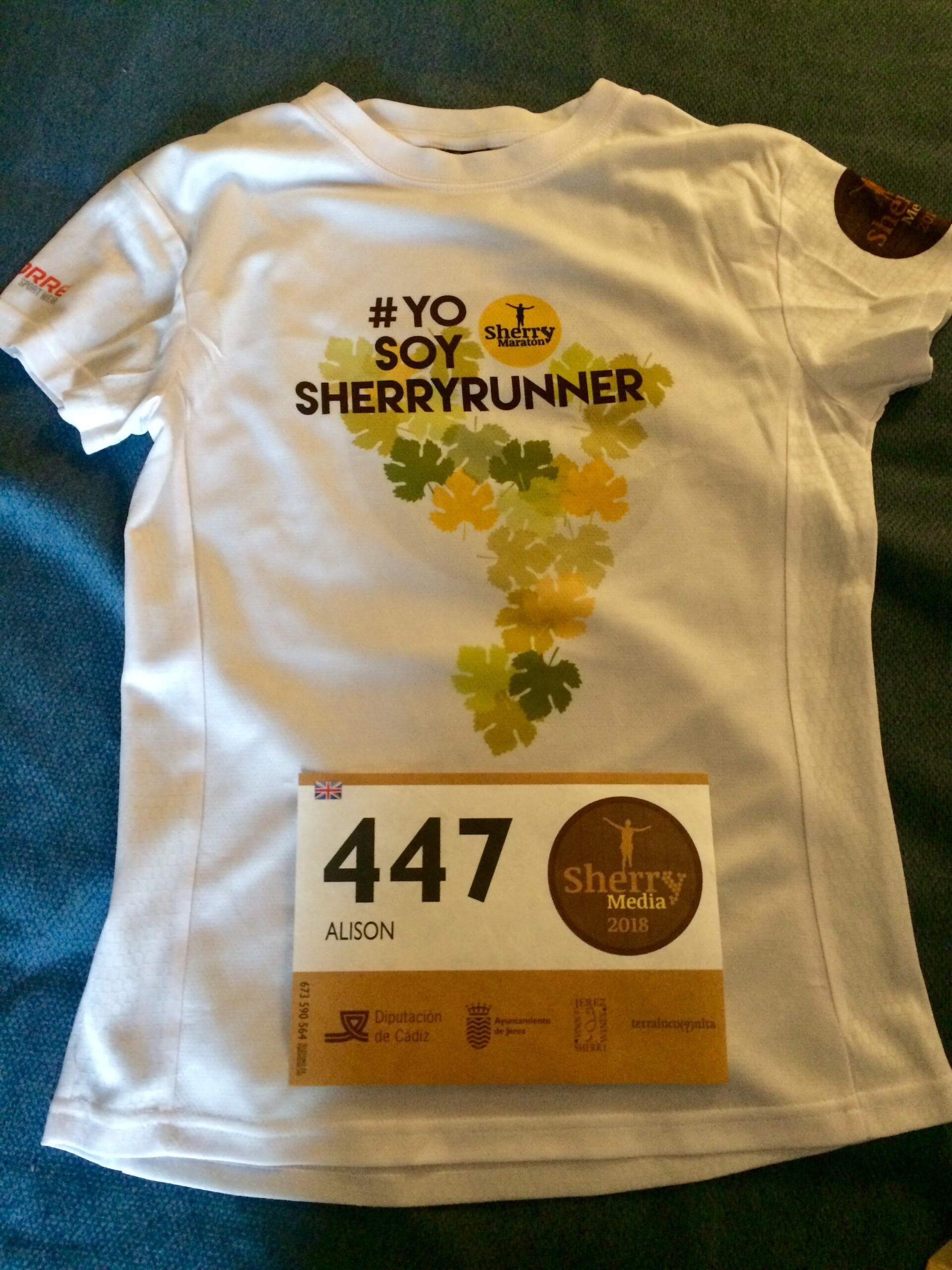 Official runner's t-shirt for the Sherry Marathon in Jerez de la Frontera, Andalucia, Spain