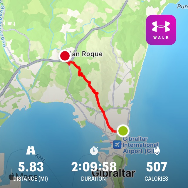 Map showing the route and distance walked on stage one part one of the Via Serrana from La Linea to San Roque