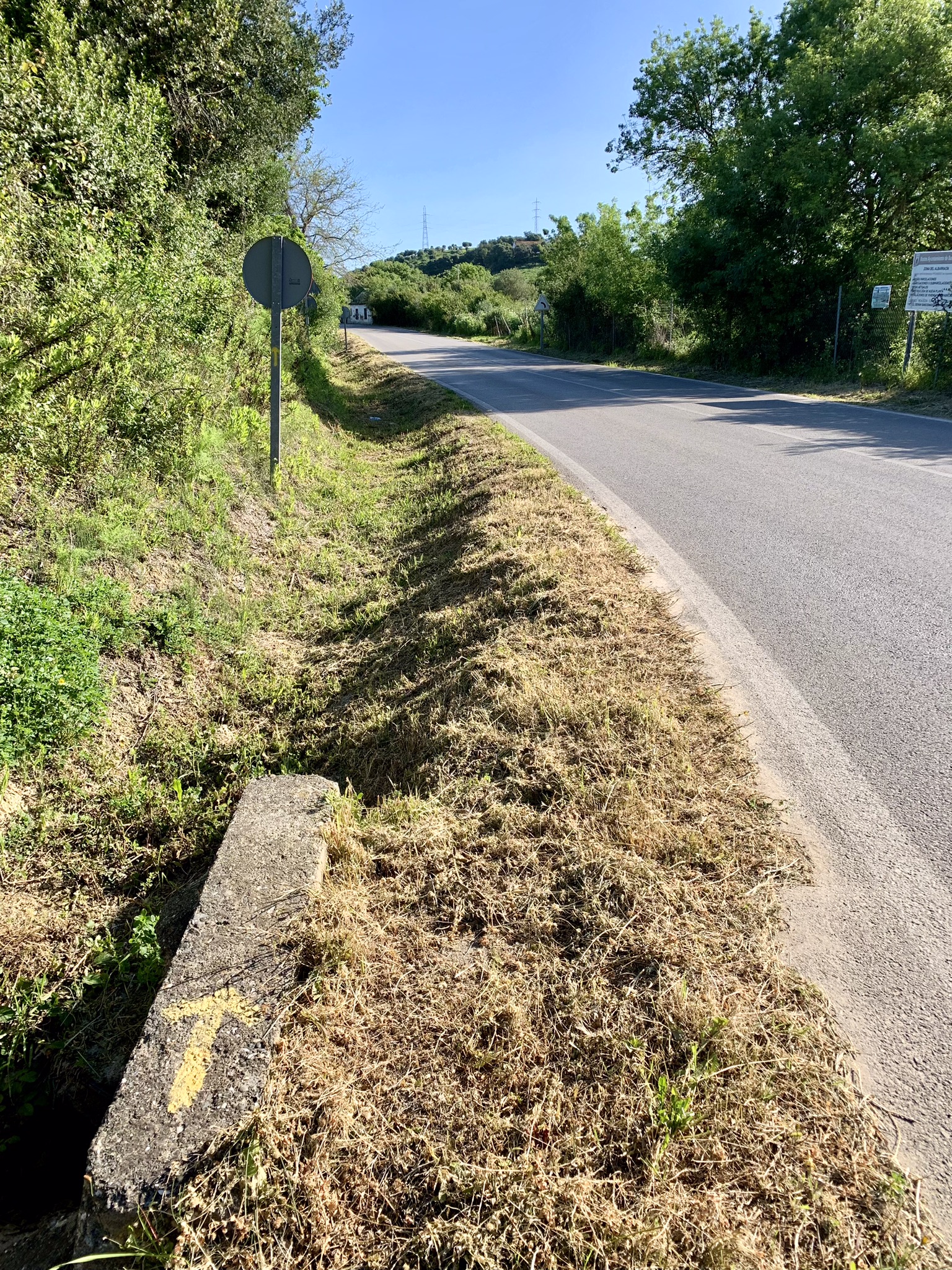 A yellow arrow painted on the side of the road on the Via Serrana