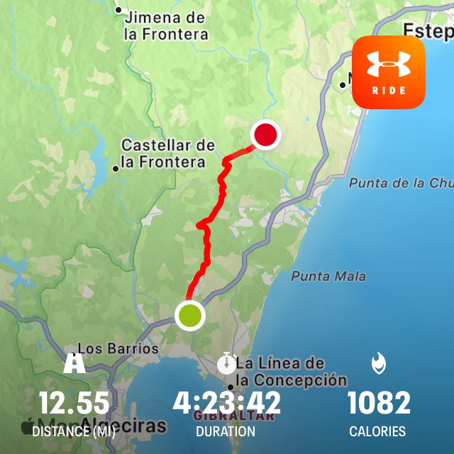 Map showing the route and distance walked on stage one part two of the Via Serrana from San Roque to San Martin del Tesorillo