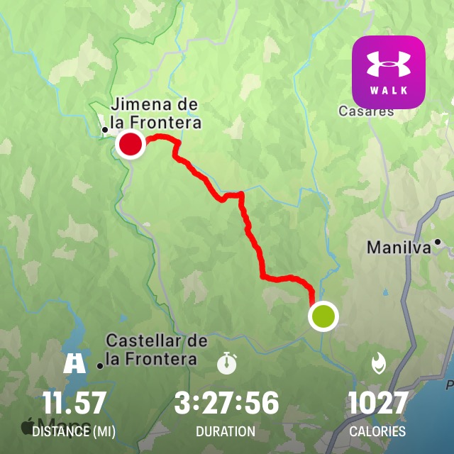 Map showing the route and distance walked on stage two of the Via Serrana from San Martin del Tesorillo to Jimena de la Frontera