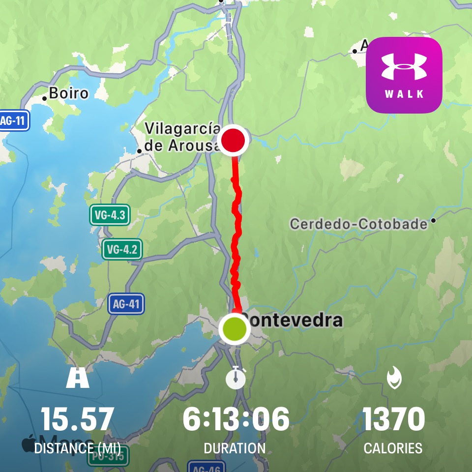 Map detailing the route I followed on Day Eleven of the Camino Portugues Coastal route from Pontevedra to Caldas de Reis