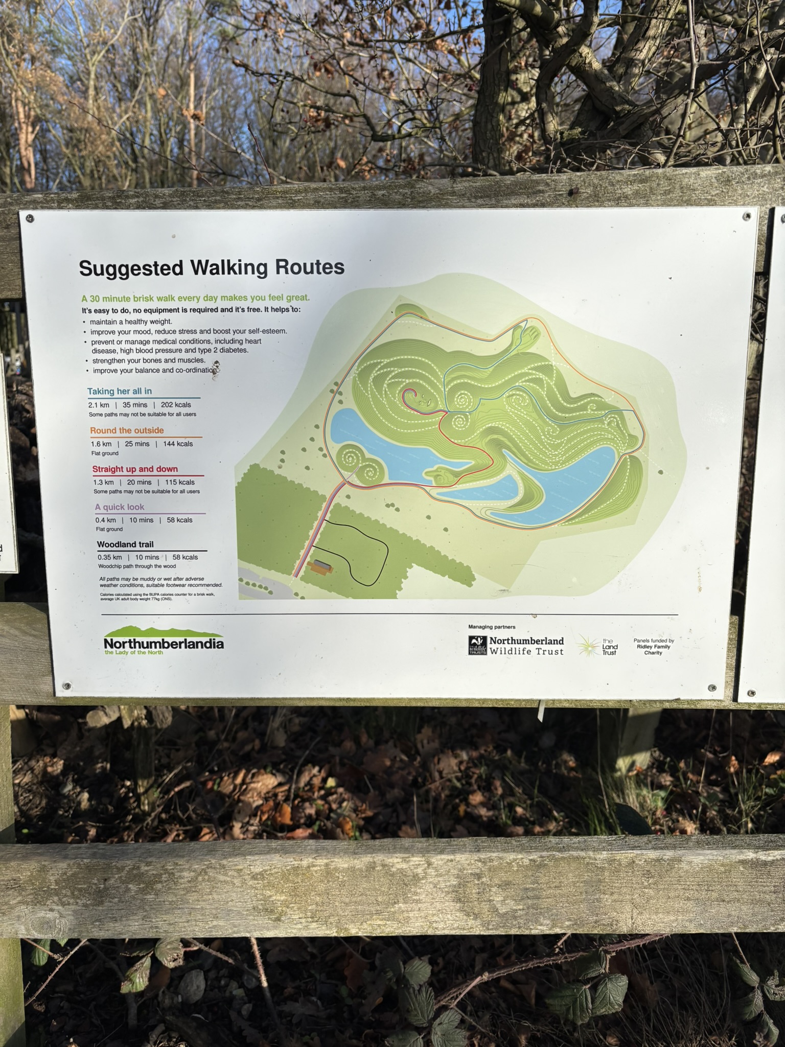 A sign highlighting suggested walking routes around Northumberlandia